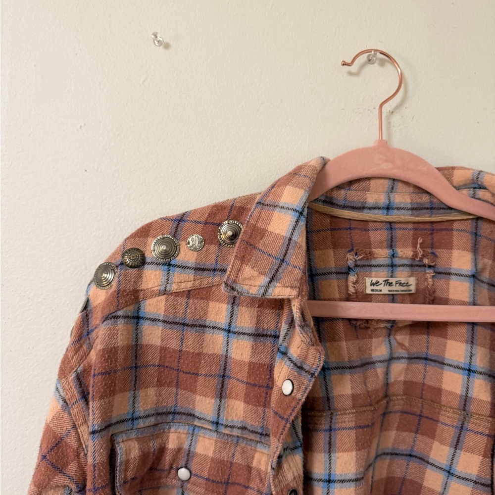 Free People We The Free Happy Hour Oversized Flannel Shirt Tan Blue - Picture 4 of 6